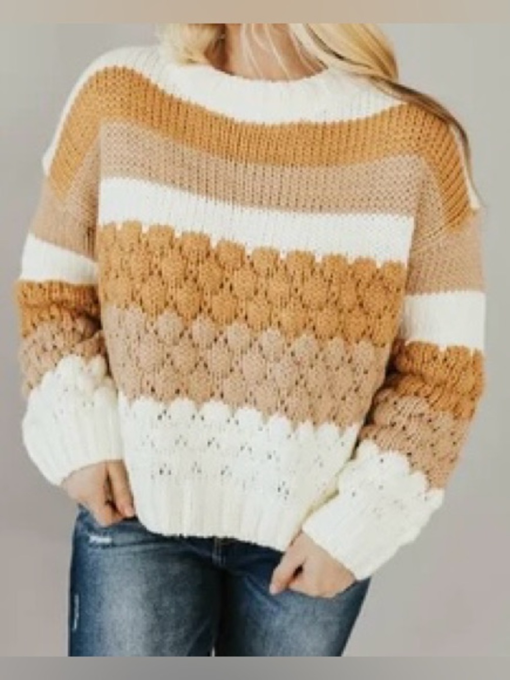 Oversized Chunky Knit Sweater - White, Camel & Tan - Medium